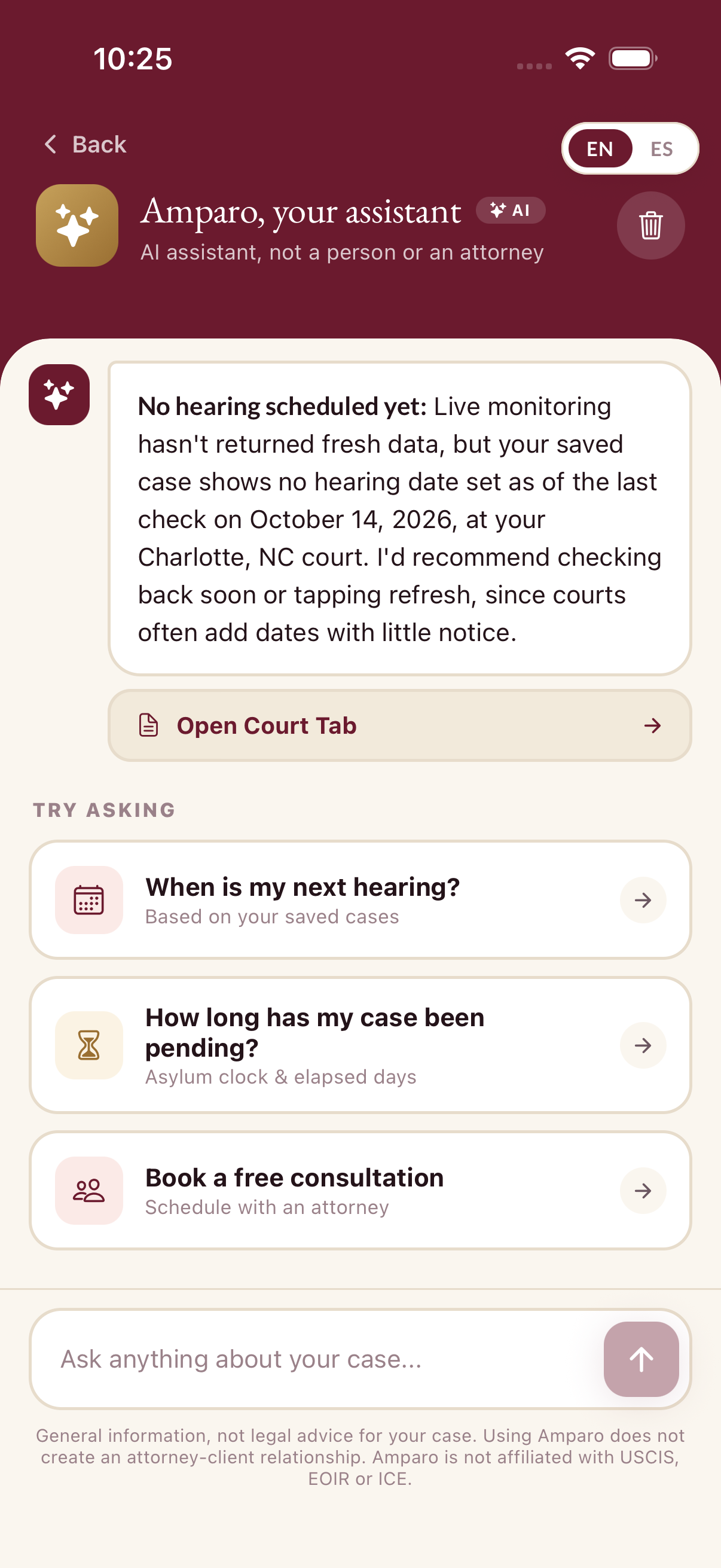 Amparo AI Assistant screen with a saved-case response, Open Court Tab, and suggested questions.