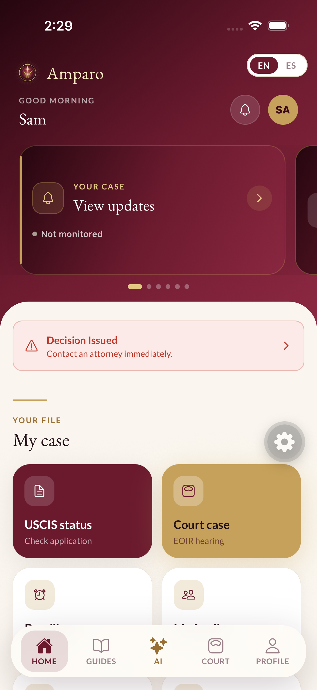 Amparo Home screen with six rotating cards, a decision alert, and case tools.