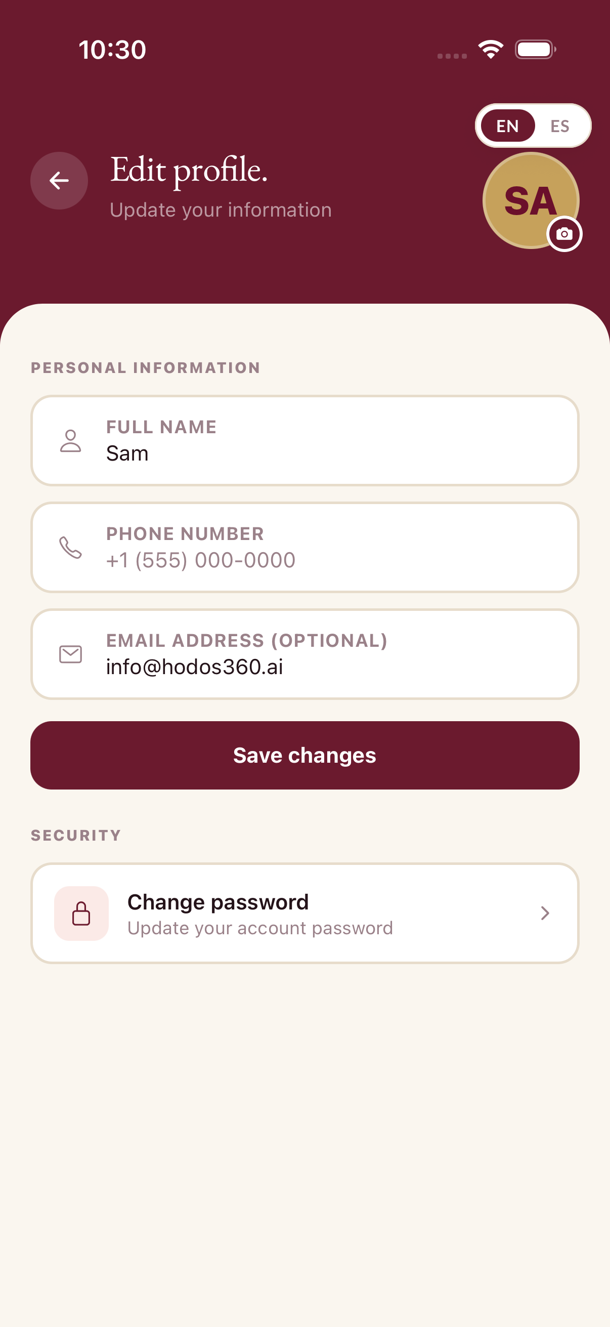 Amparo Edit Profile screen with name, phone, optional email, and change password.