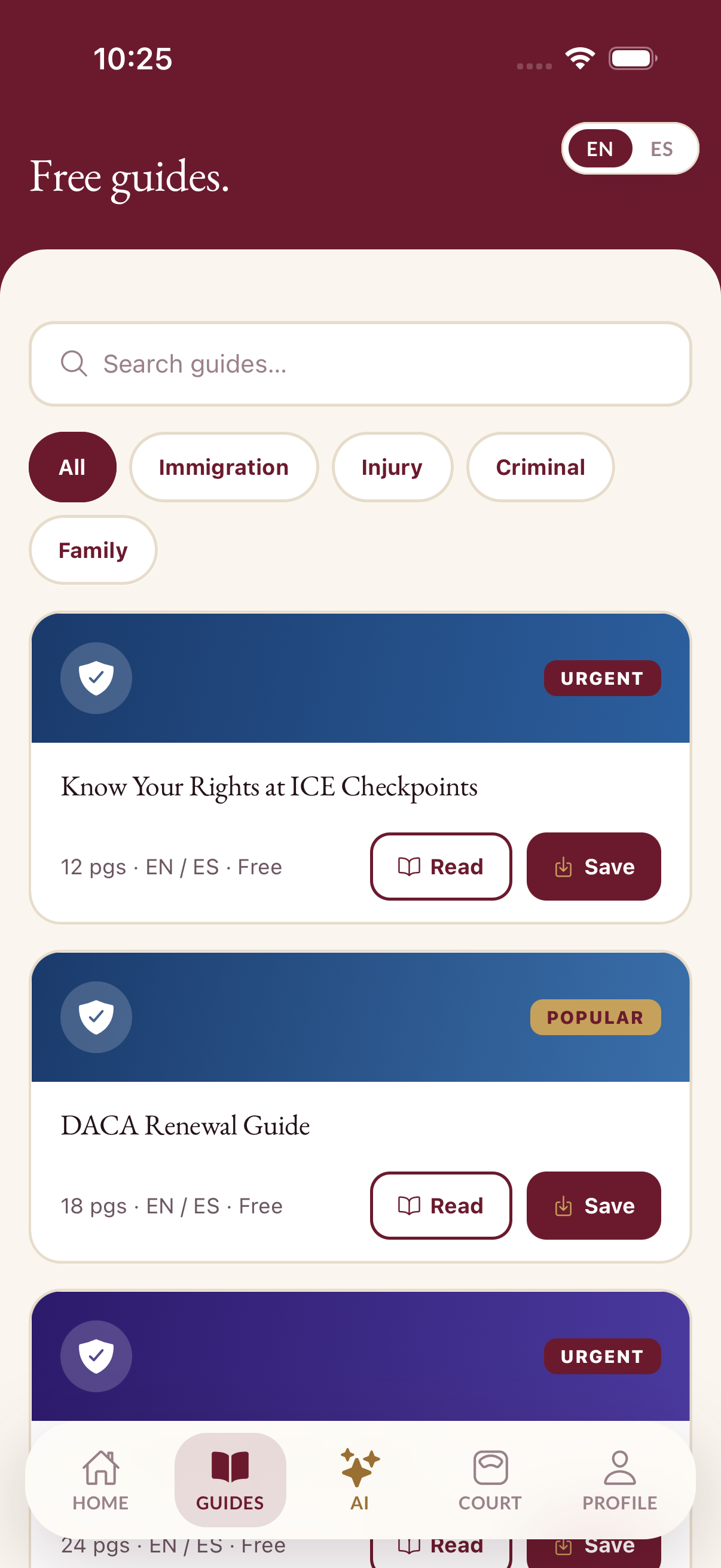 Amparo Free Guides screen with search, topic filters, and Read and Save buttons.