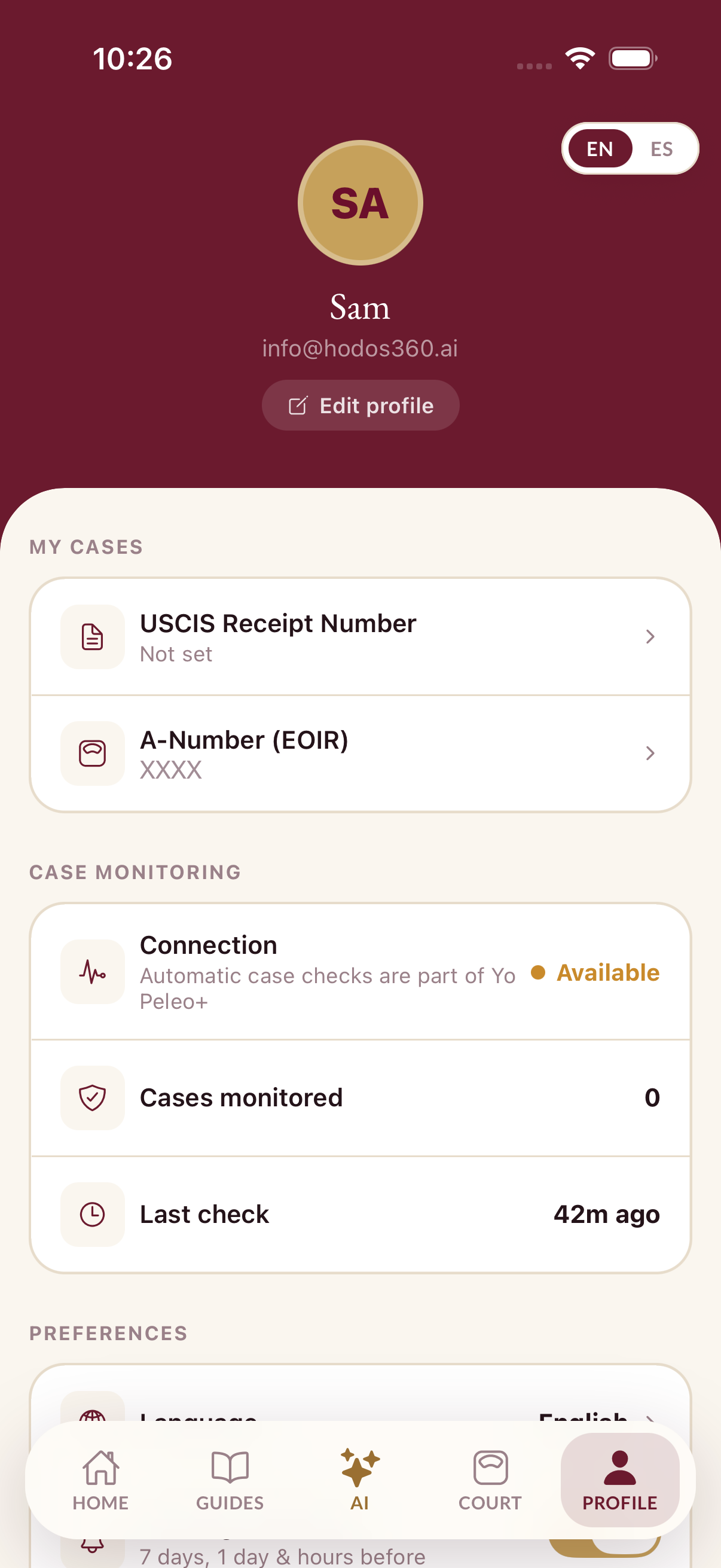 Amparo Profile screen with USCIS receipt number, A-Number, case monitoring, and preferences.